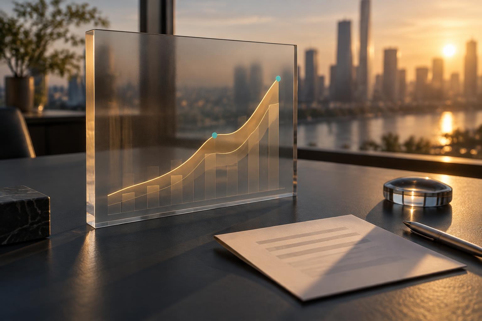 Glasblock mit steigender Liquiditätskurve auf einem Schreibtisch, im Hintergrund eine Skyline