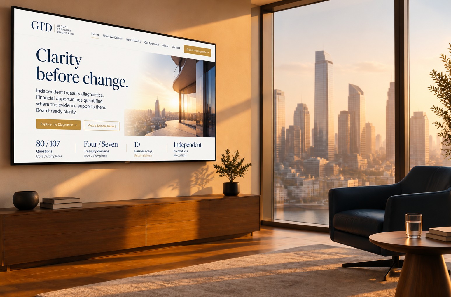 Wandbildschirm mit der Website von Global Treasury Diagnostic in einem sonnigen Wohnraum