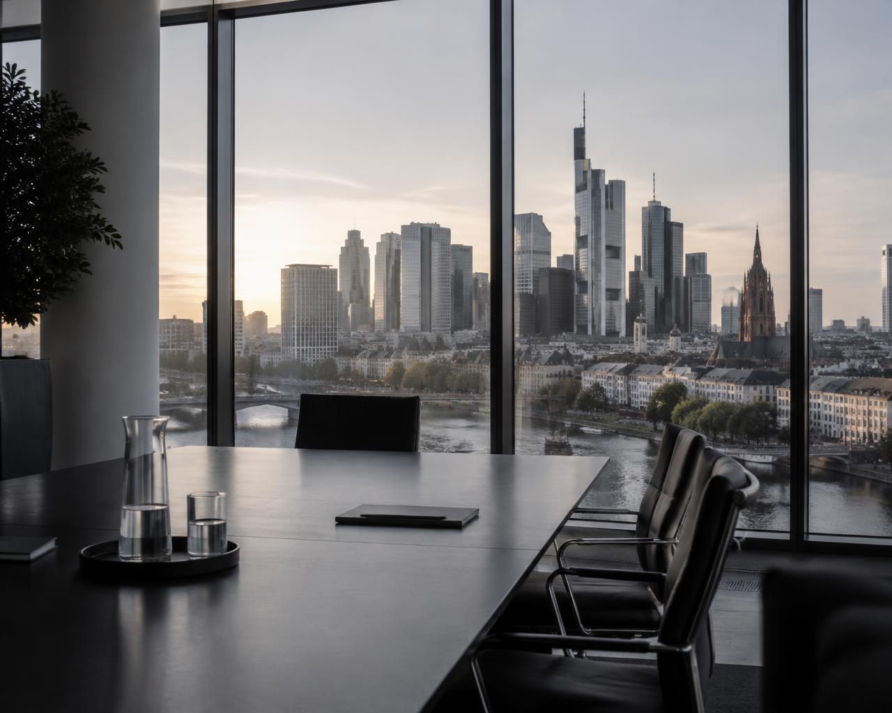 Besprechungsraum mit Blick auf ein europäisches Finanzviertel
